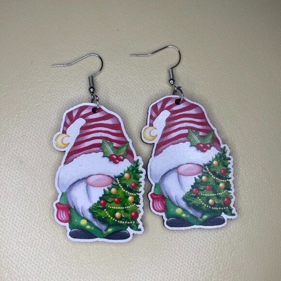Jewelry - Christmas Tree Gnome Dangle Earrings (Holiday Stripes)